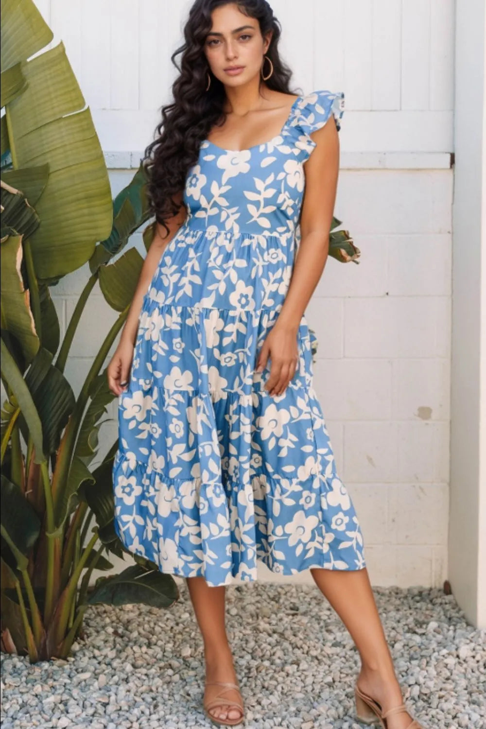 Floral Flutter Shoulder Tiered Flowy Midi Dress – Haute Kopal