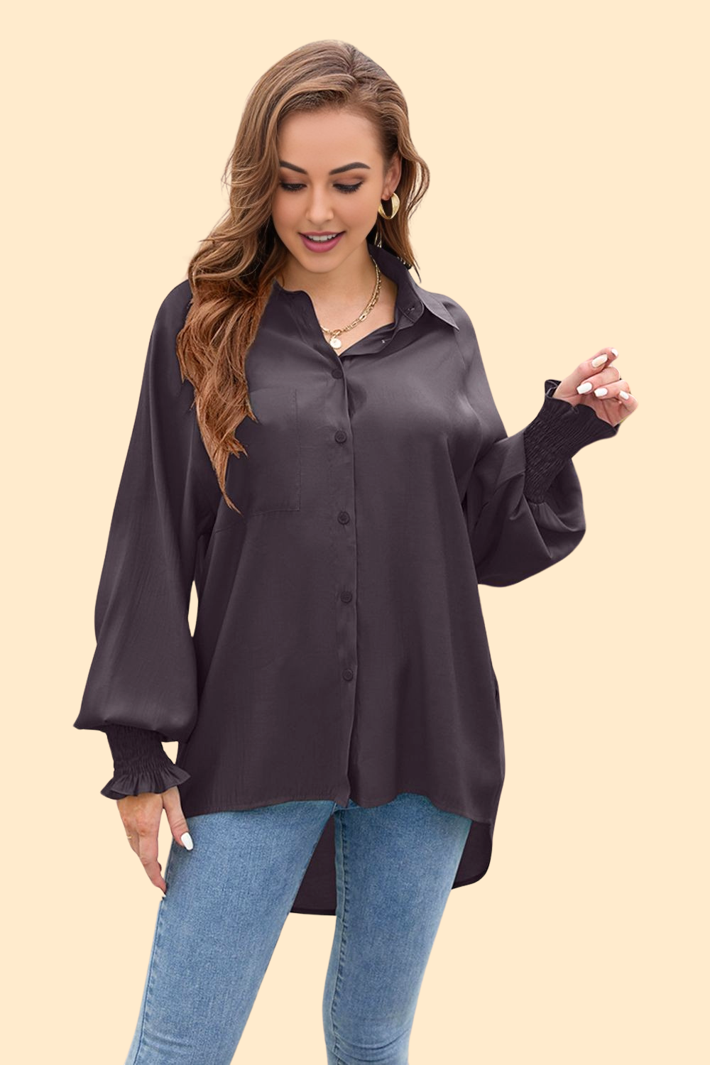 Coffee brown high-low lantern sleeve shirt