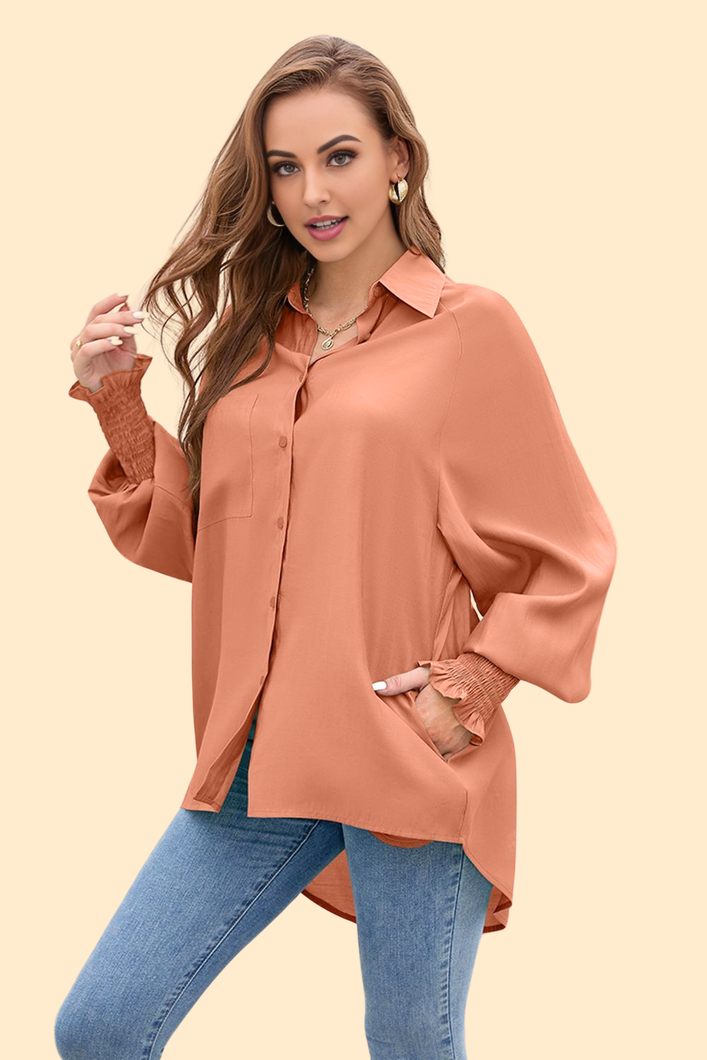 Terracotta high-low lantern sleeve shirt