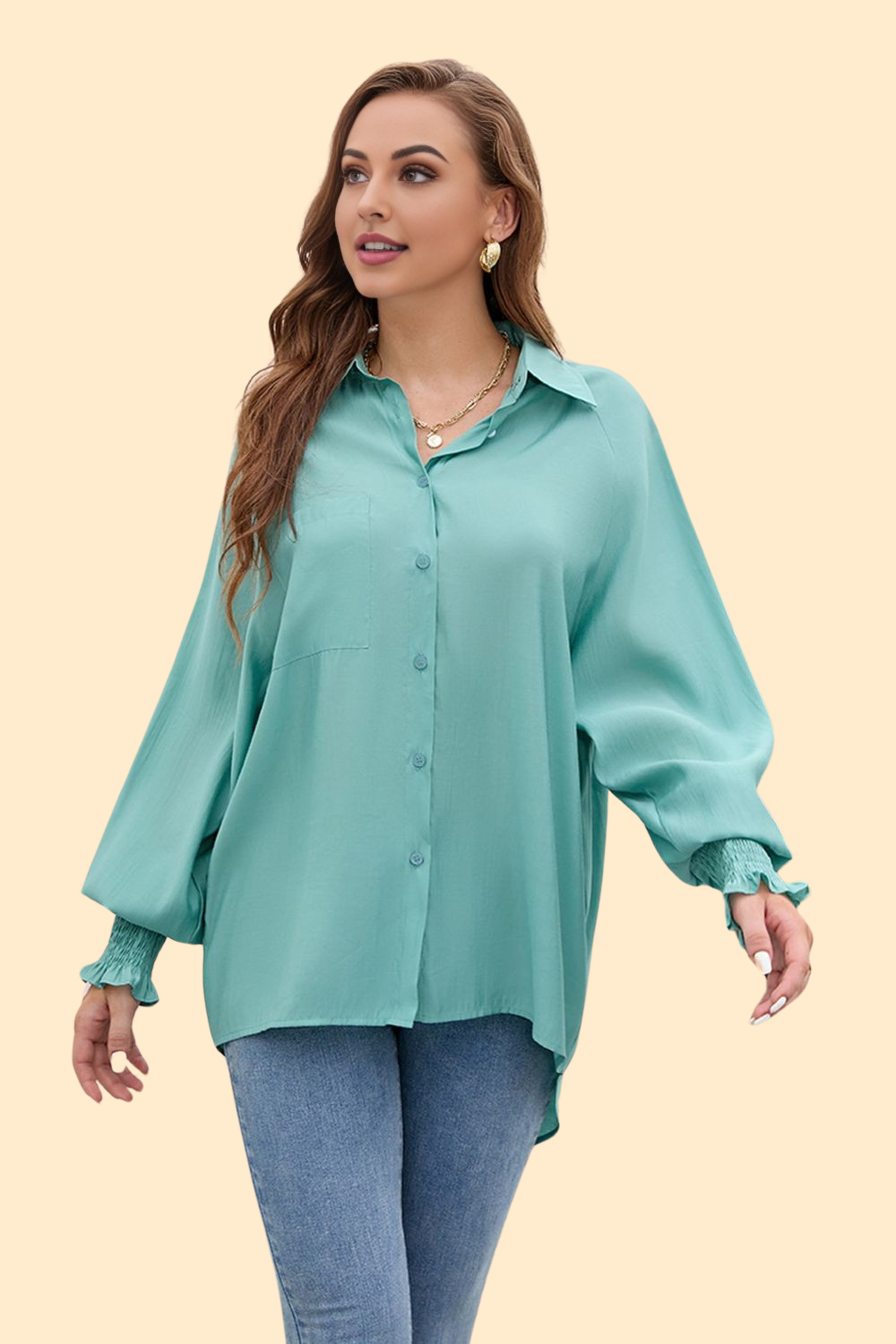 Turquoise high-low shirt with lantern sleeves