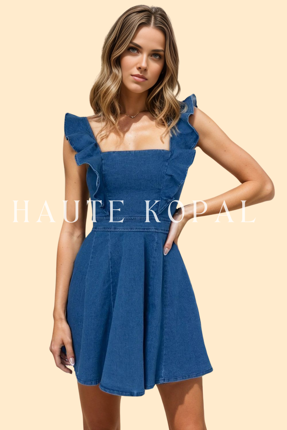 Ruffled square neck mini dress