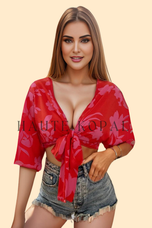 Deep red printed blouse with a plunge neckline