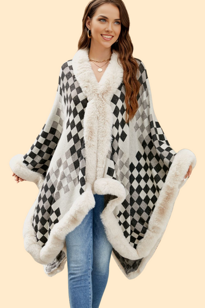 Checkered faux fur trim poncho by Haute Kopal