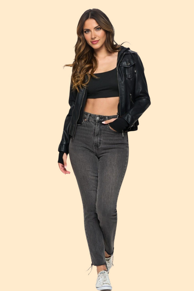 Double zip hooded vegan leather jacket by Haute Kopal