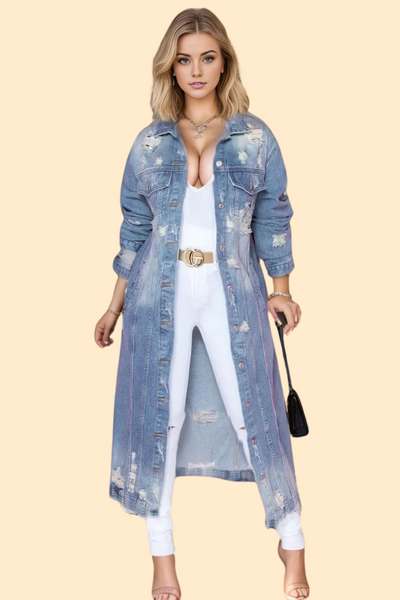 Long sleeve denim jacket with a raw hem by Haute Kopal