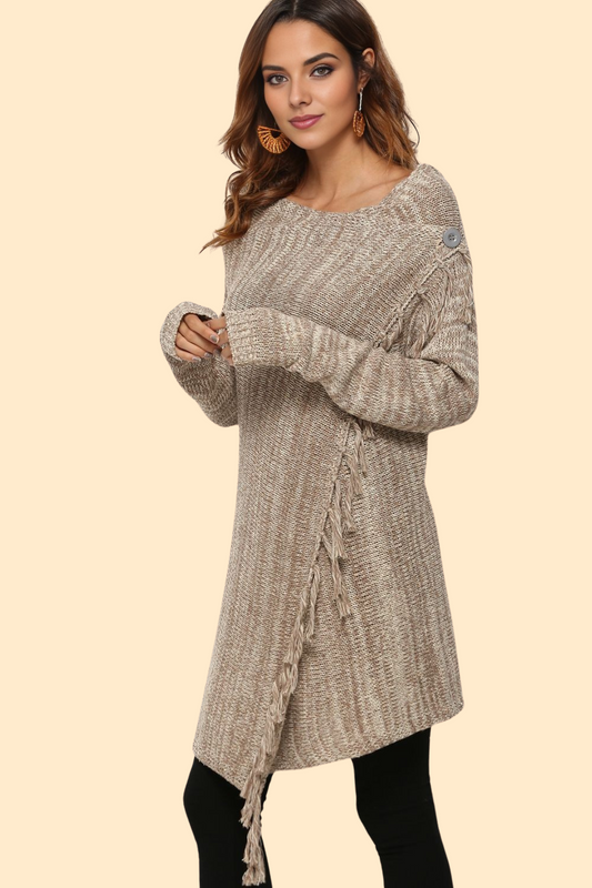 One-button tassel tie asymmetrical hem cardigan