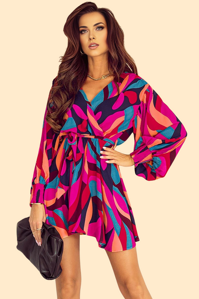 Printed surplice neck dress by Haute Kopal