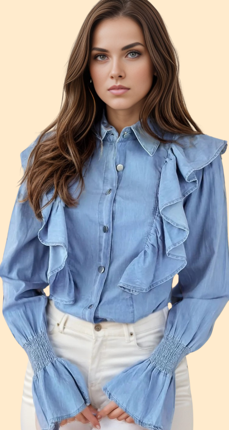 Ruffled button-up denim top