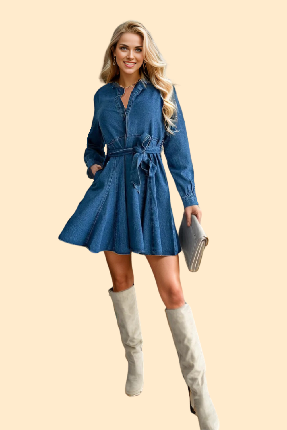 Tied half button denim dress by Haute Kopal