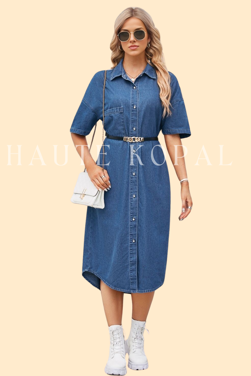 Button up dropped shoulder denim dress