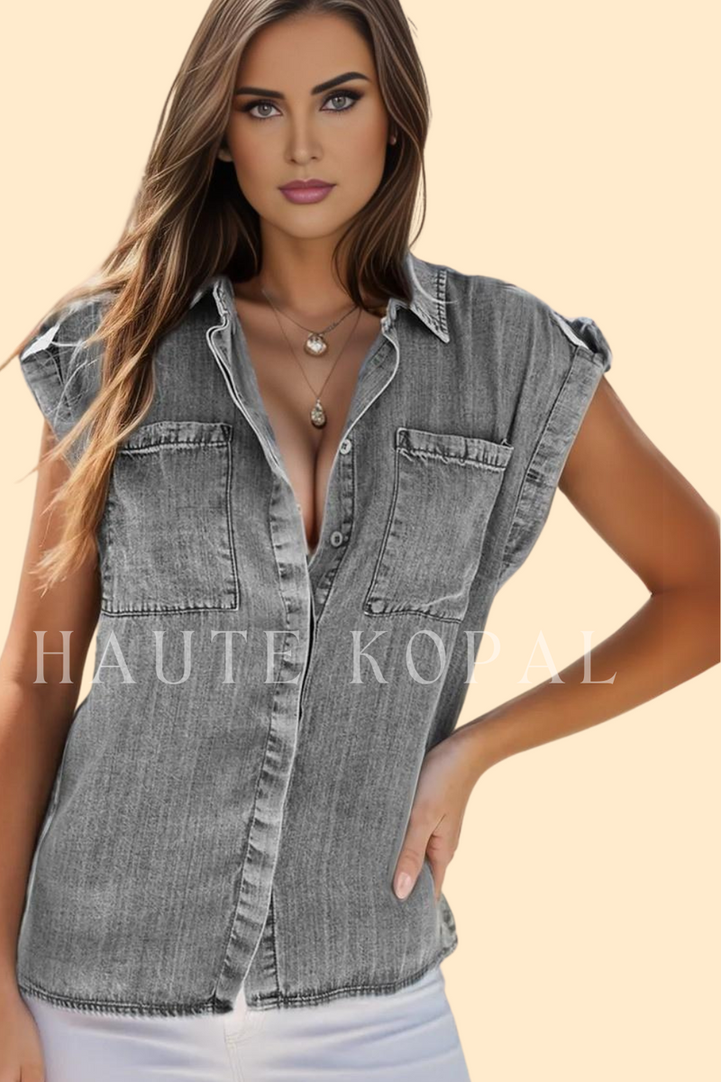 Collared neck cap sleeve denim top