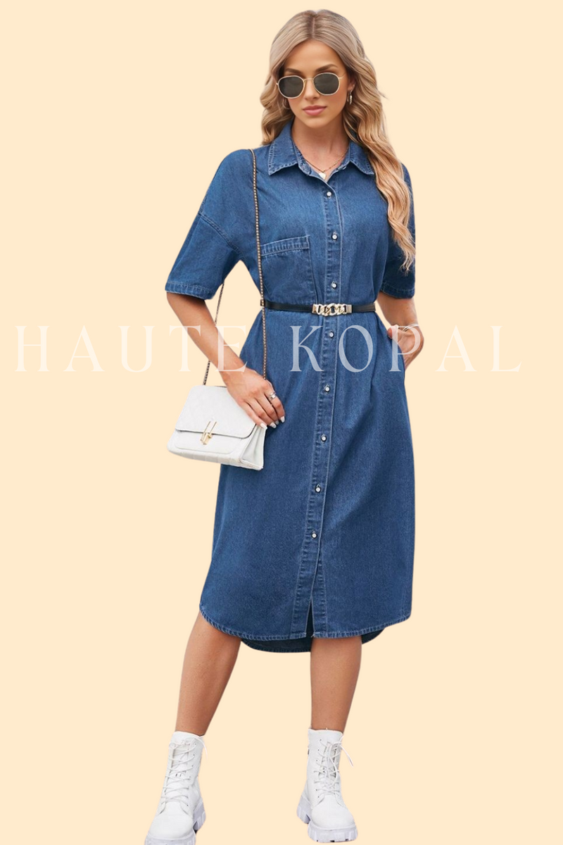 Dusty Blue denim dress with button-up closure