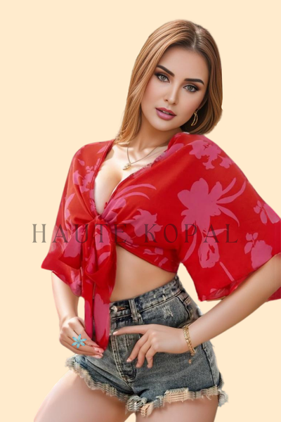 Plunge neckline blouse with half sleeves