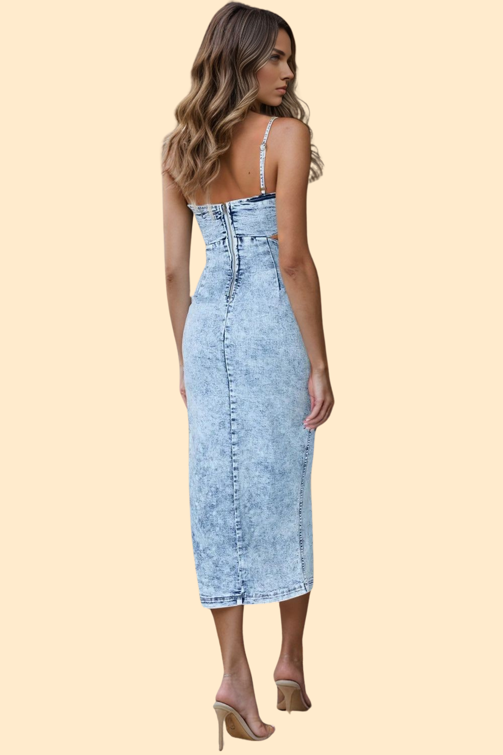 Haute Kopal Denim Dreamweaver- Cutout Slit Spaghetti Strap Denim Dress Haute Kopal Denim Dreamweaver- Cutout Slit Spaghetti Strap Denim Dress
