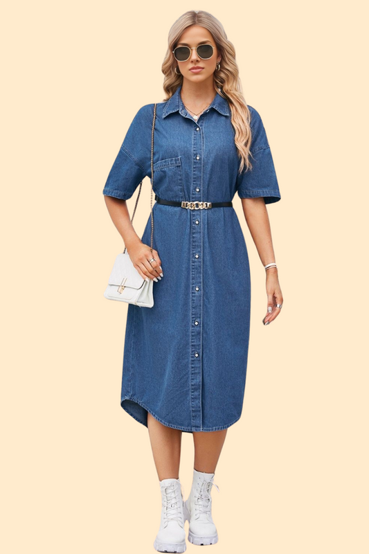 Button up dropped shoulder denim dress