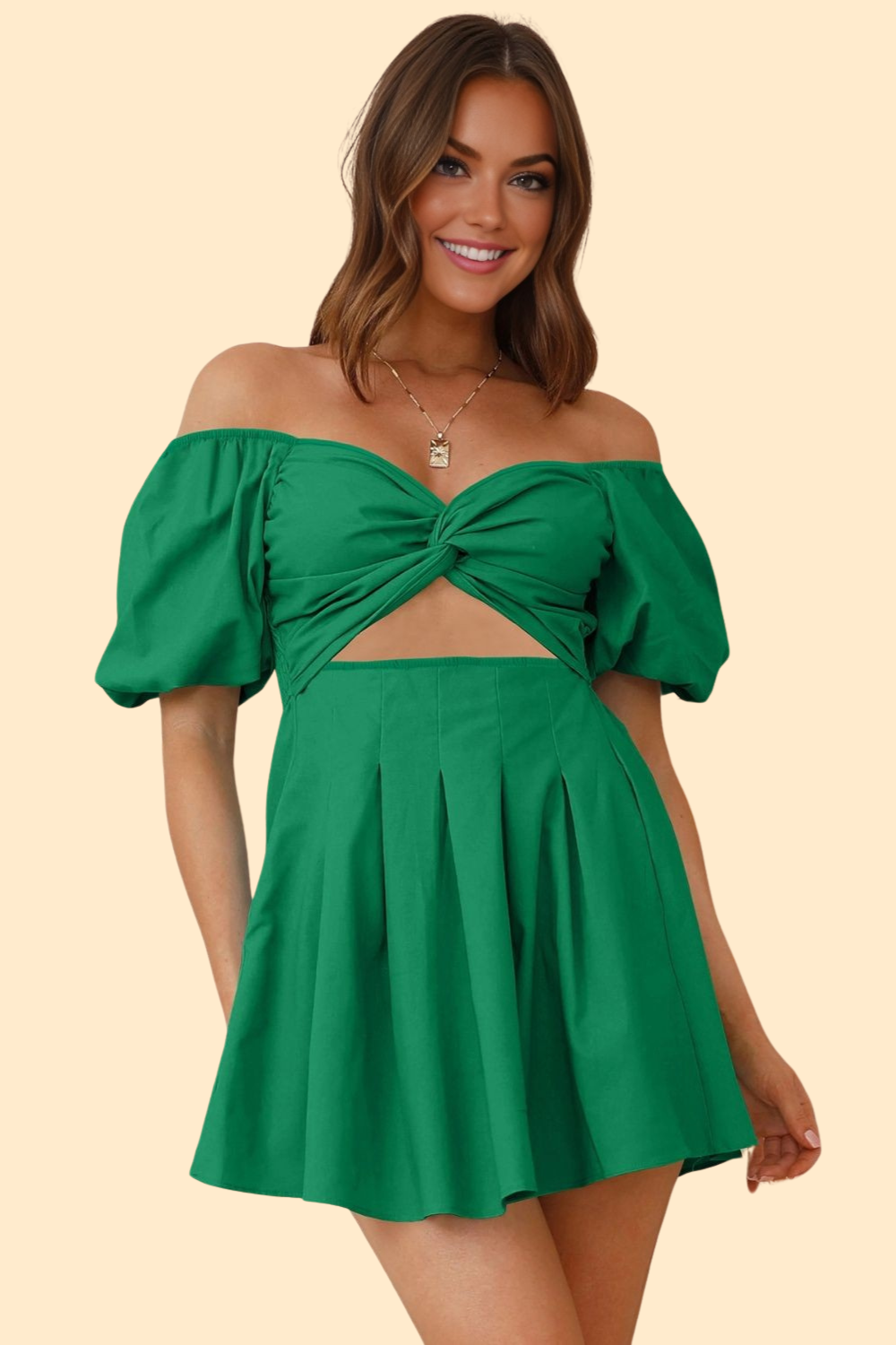 Cutout twisted off-shoulder green dress