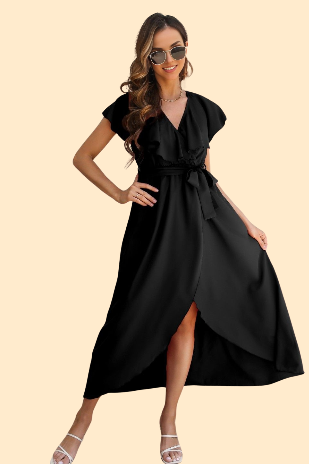 Black Midi dress with ruffled hem and side slit