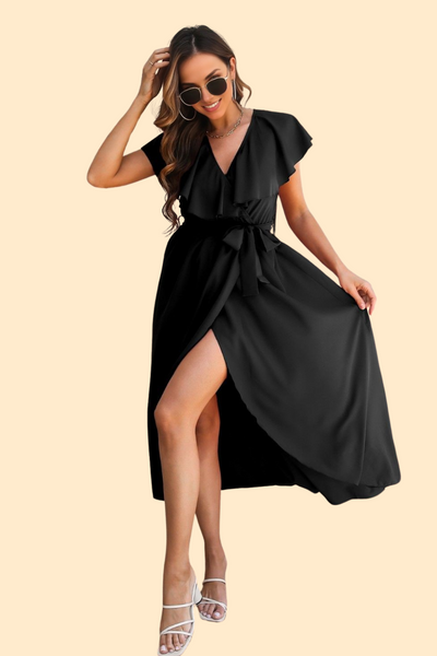 Surplice neckline midi dress with tie waist
