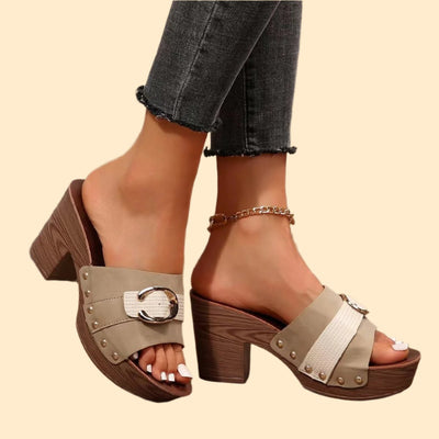 Khaki block heel sandals